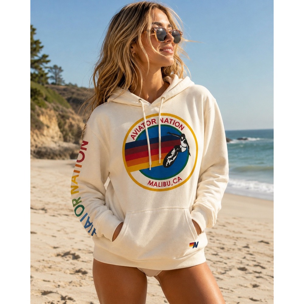Aviator Nation Malibu Rainbow Surf Hoodie Pullover Cream XS Beachy Retro Y2K